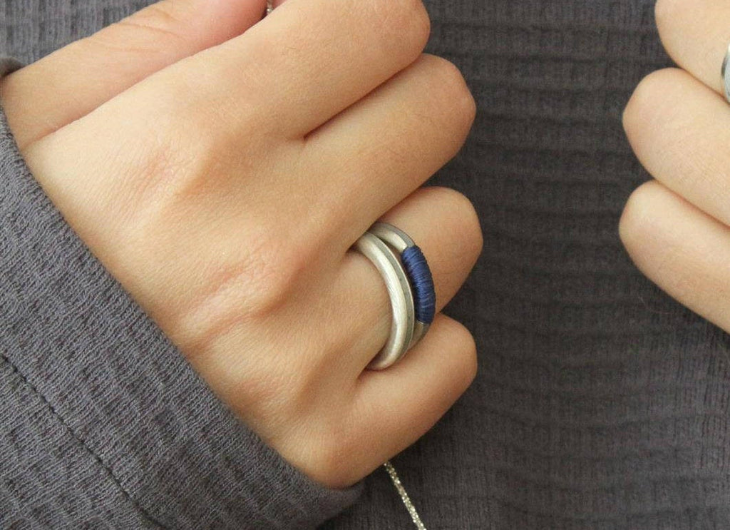 Silver concrete ring, blue threads ring, hadas shaham, Minimalist band, Contemporary ring, modern ring, stacking ring, fashion unique ring - hs