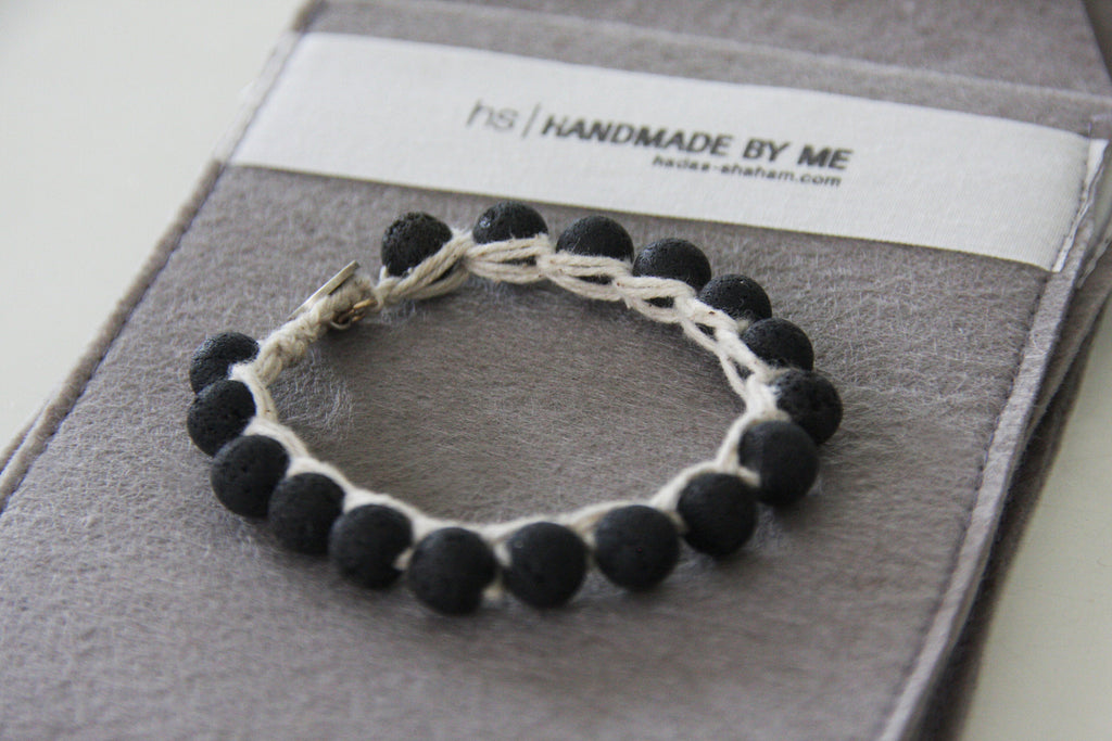 Unisex Black Lava and Silver Button Closer Bracelet / Hand-Knitted Bracelet With Raw Thread By Hadas Shaham - hs