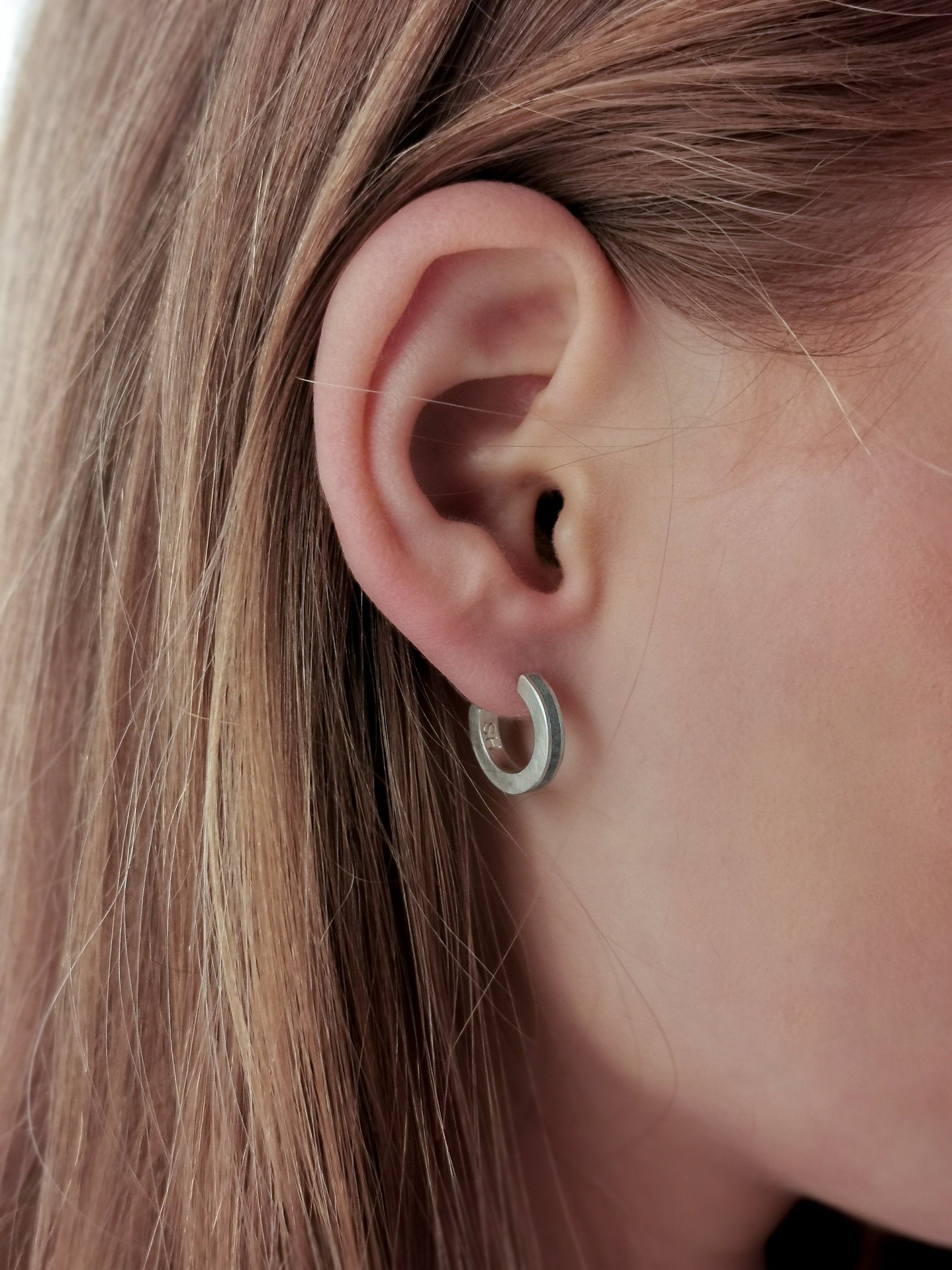 Contemporary Minimalist Silver & Concrete Small Hoop Earrings - hs