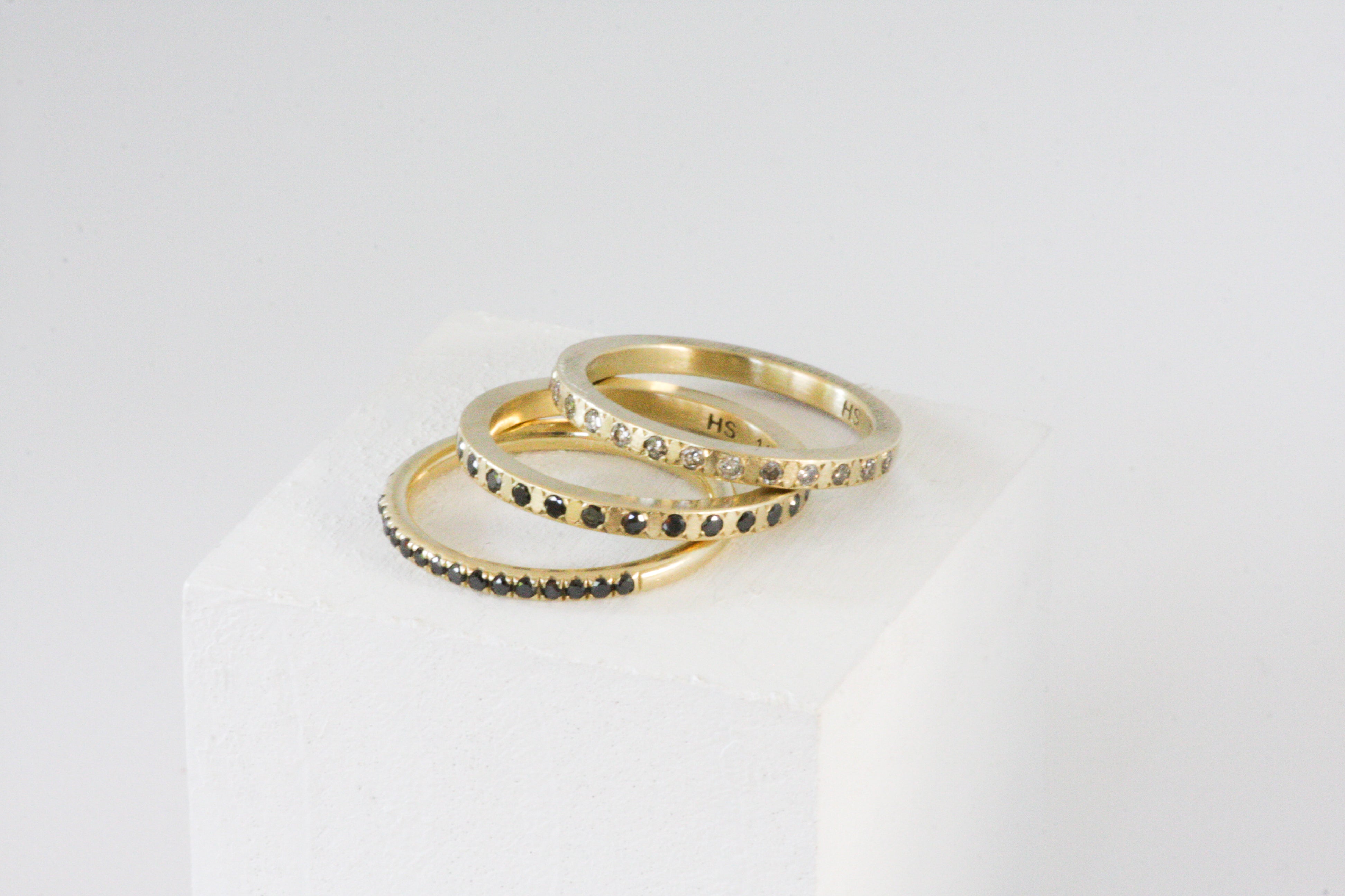 Half Eternity 14K Yellow Gold Ring Set With Black Diamonds