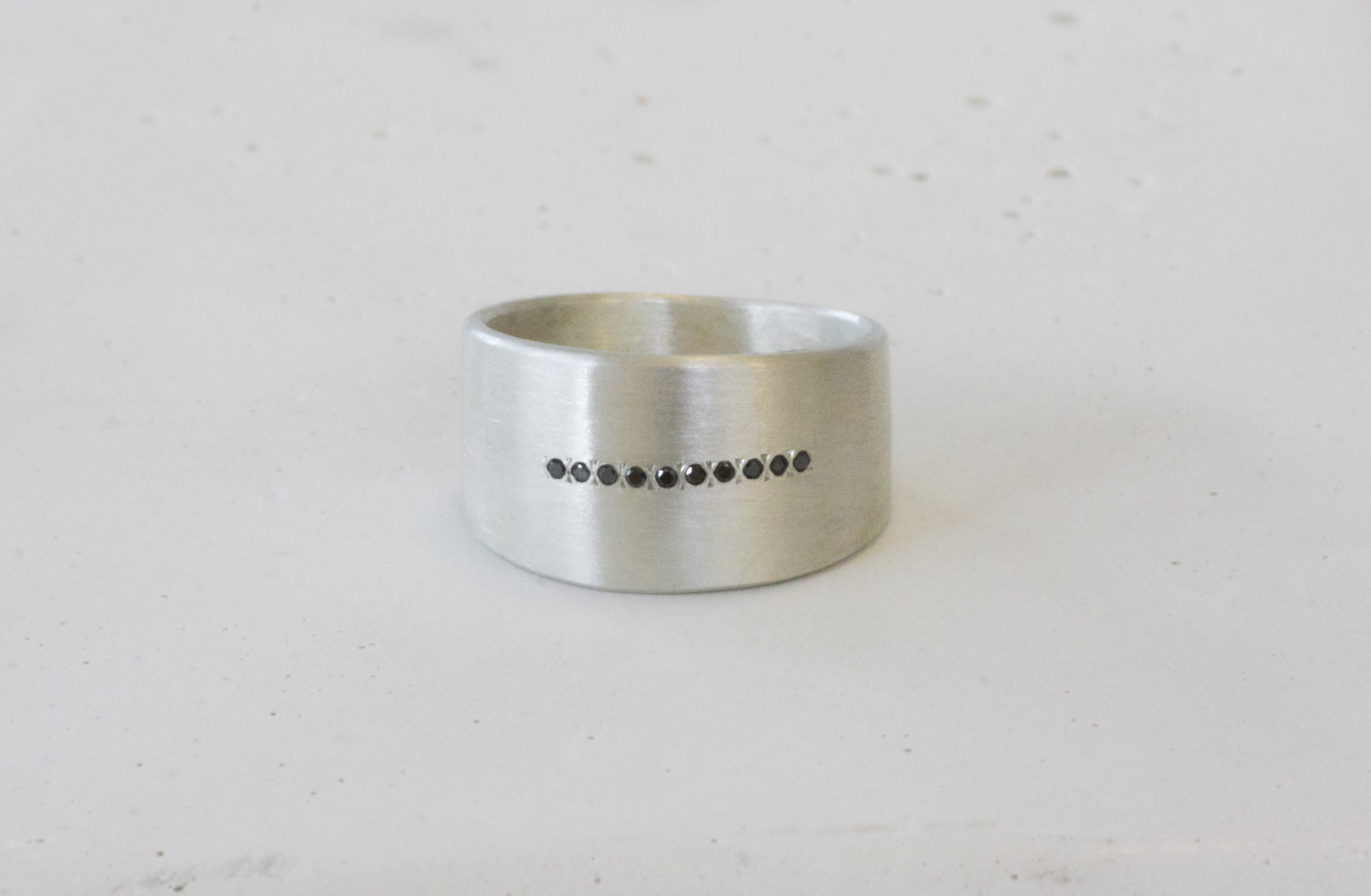 14K Yellow Gold Wide Band Ring Set with 7 Black Diamonds