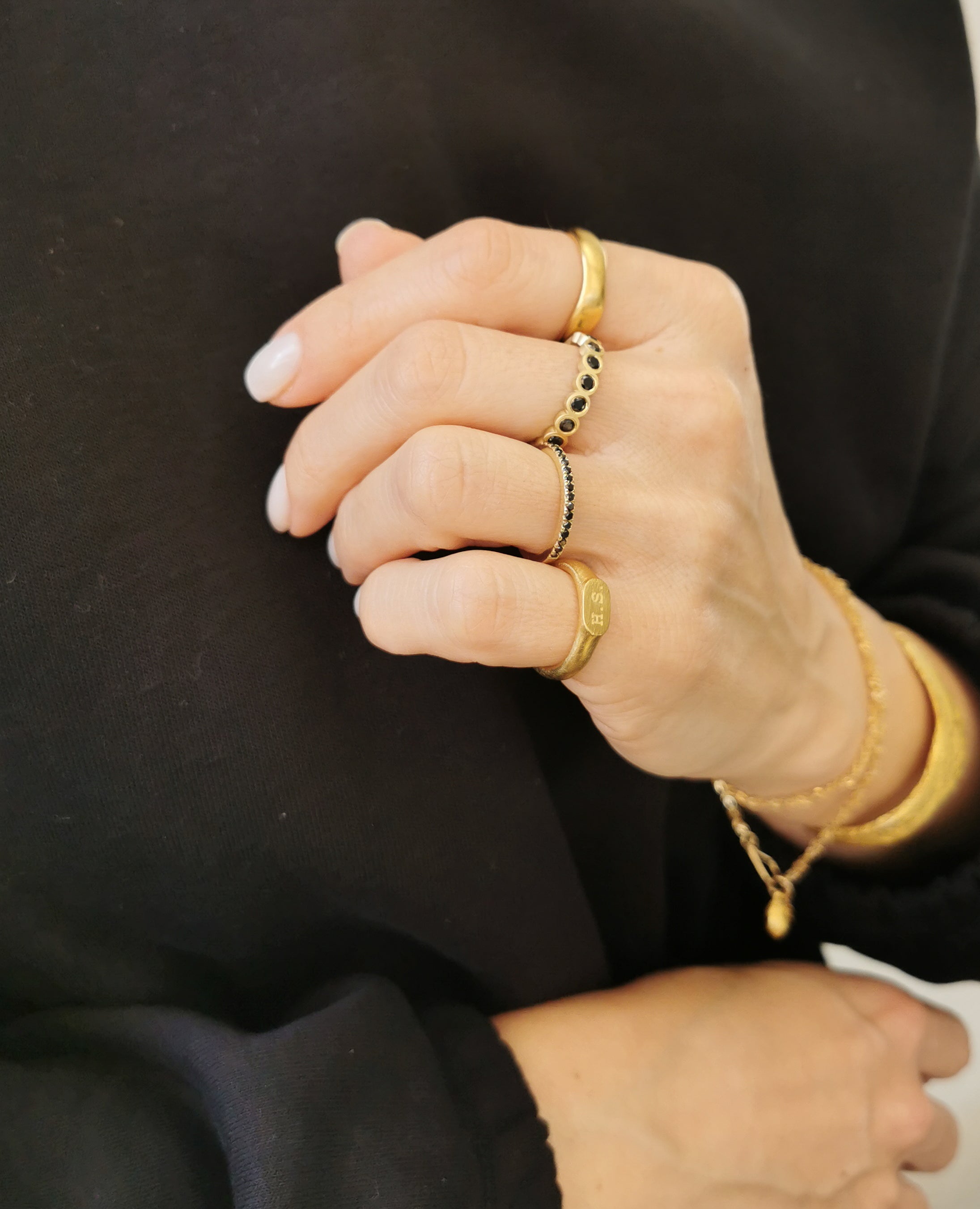 Half Eternity 14K Yellow Gold Ring Set With Black Diamonds