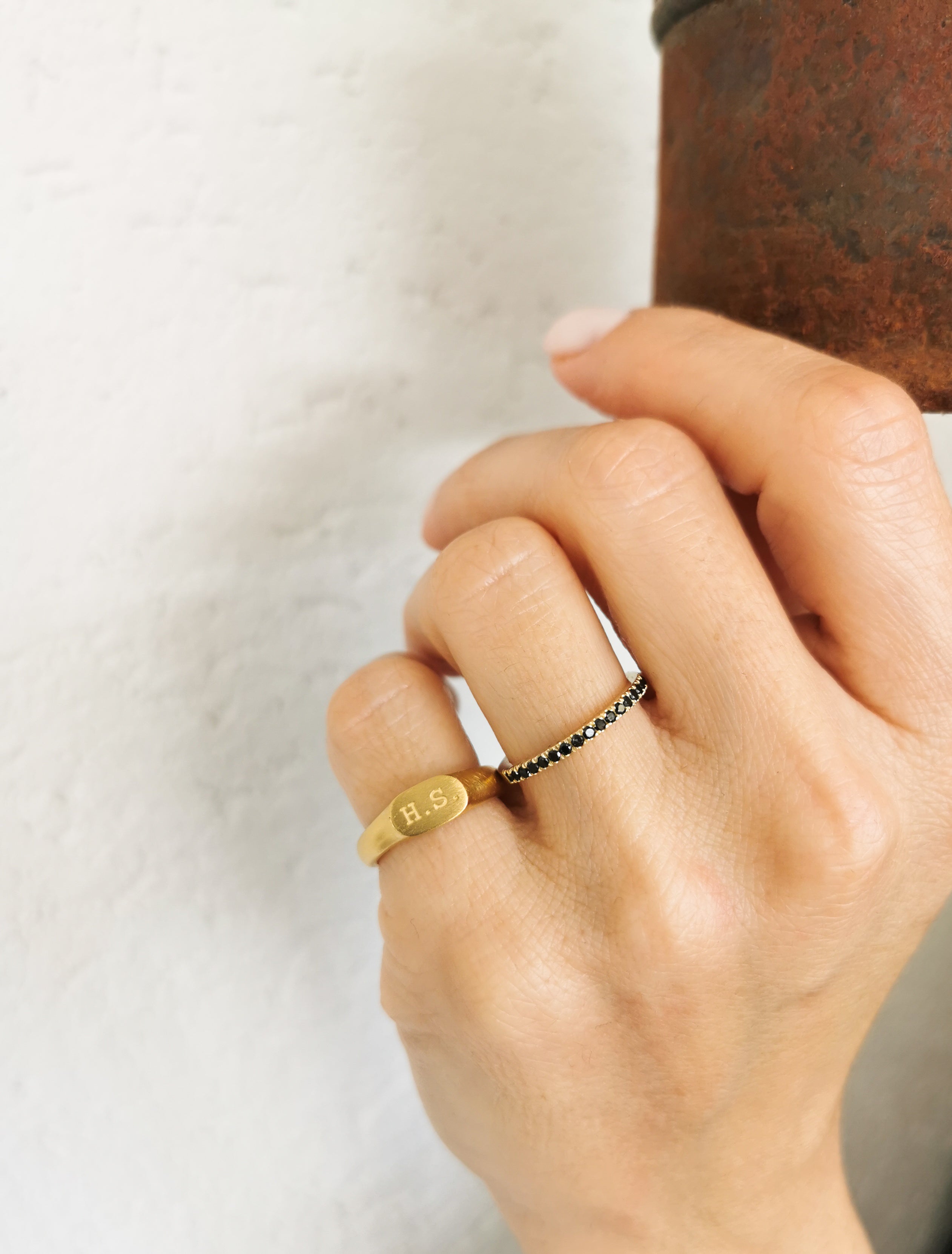 Half Eternity 14K Yellow Gold Ring Set With Black Diamonds
