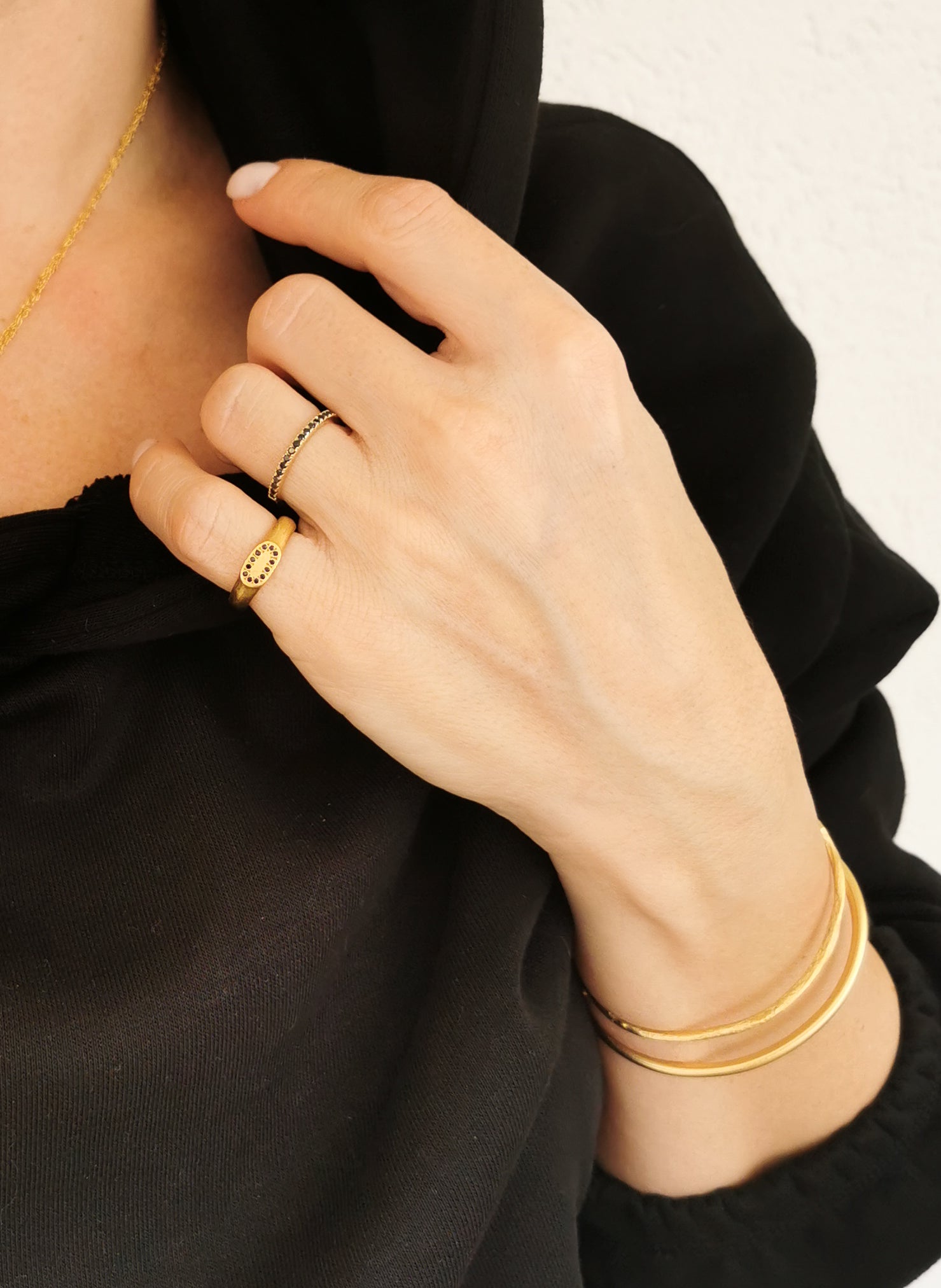 Half Eternity 14K Yellow Gold Ring Set With Black Diamonds