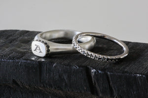 Initial Queen Crown Silver & Black Diamond Signet Ring