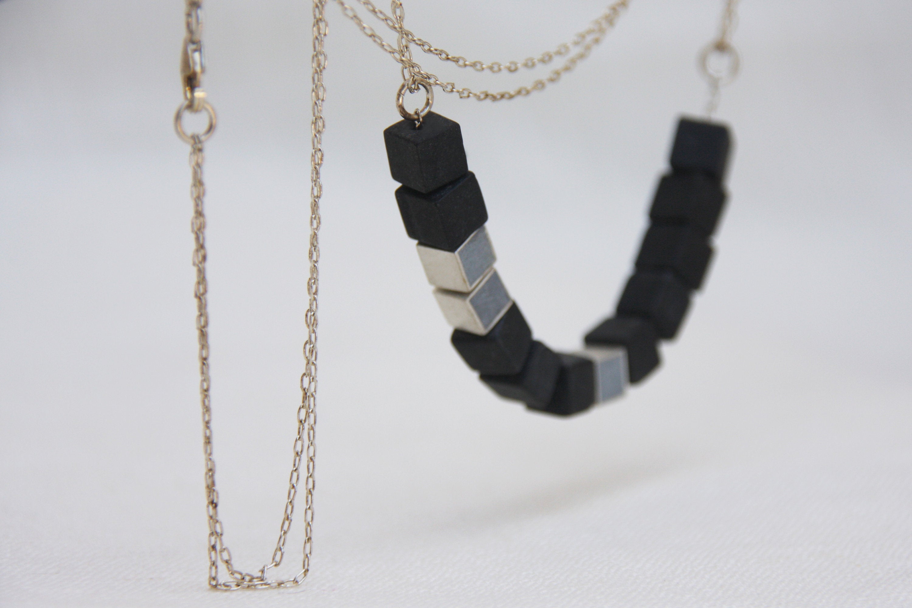Concrete Silver And Onyx Cube Necklace, contemporary necklace By hadas shaham - hs