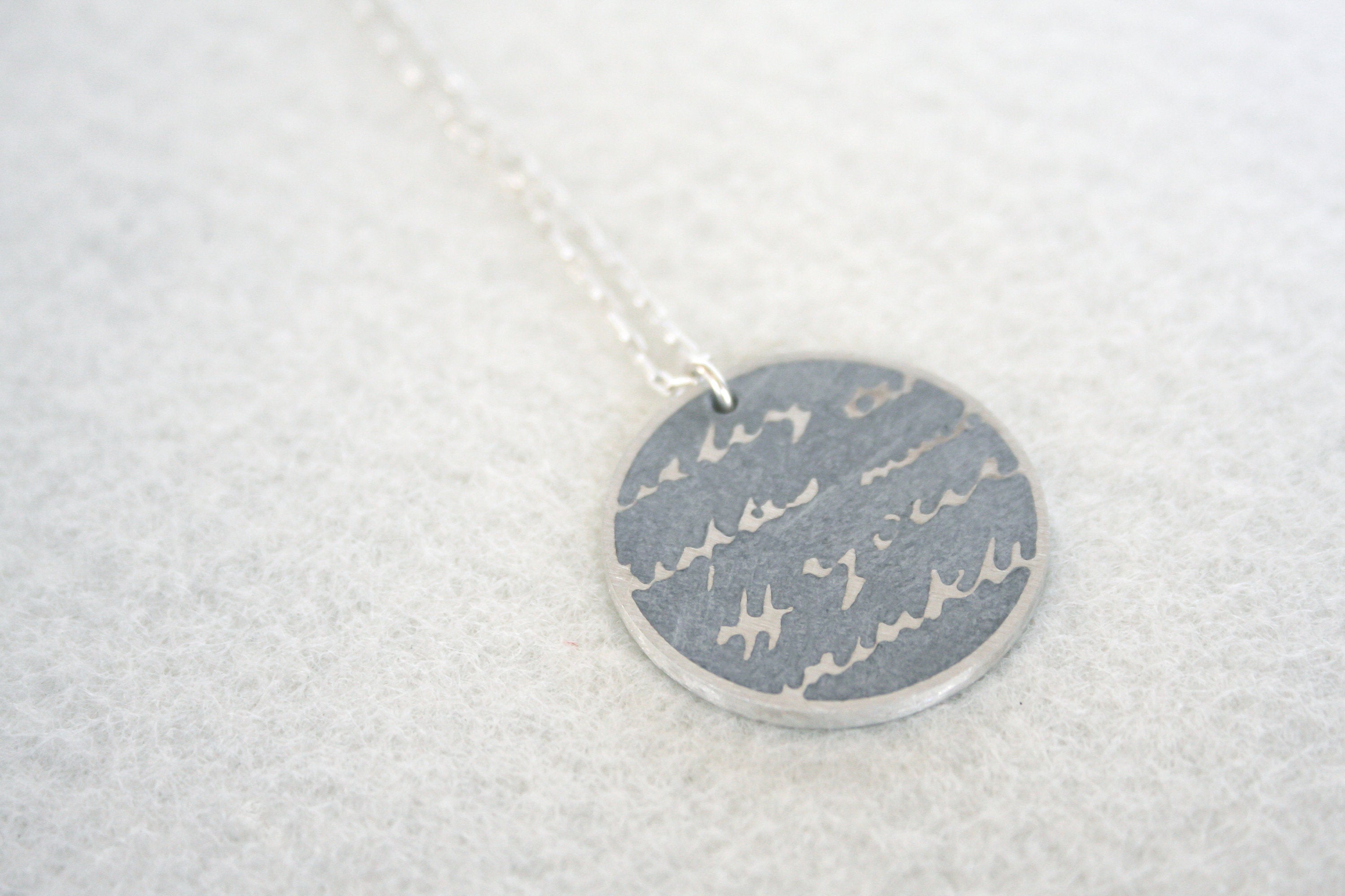 Round concrete & Silver Handwriting Text Pendant With long Silver 925 Chain - hs