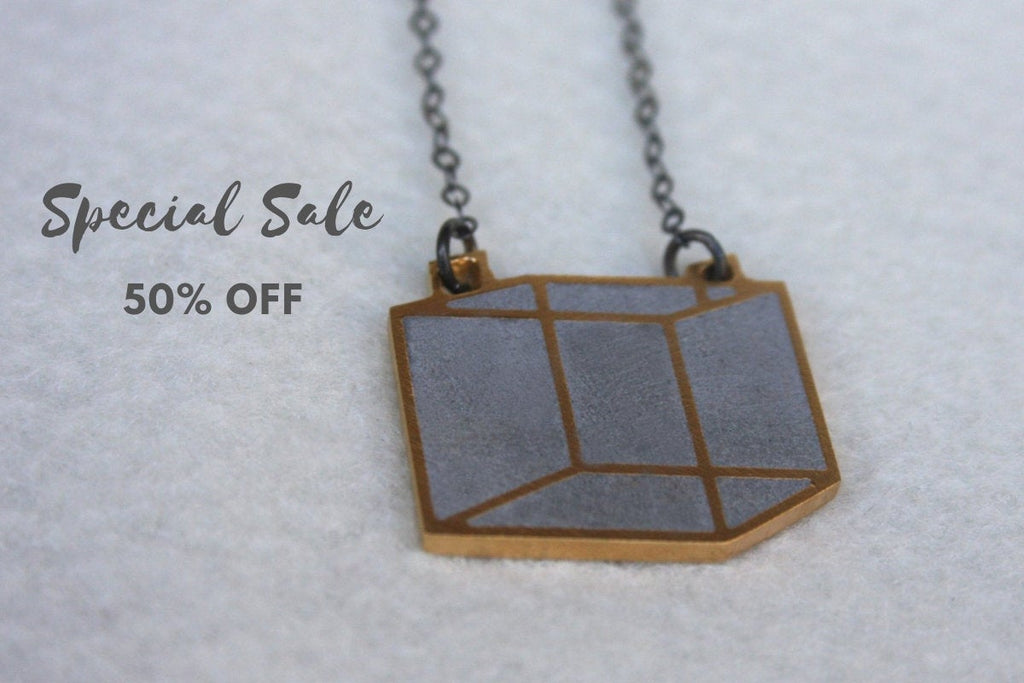 SALE 50% OFF - Unique Industrial 3D Gold Cube Necklace - hs