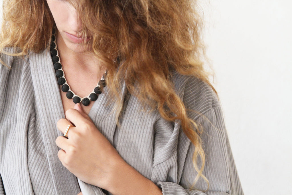 Black Lava and Silver Button Closer Rough Stone Necklace By Hadas Shaham - hs
