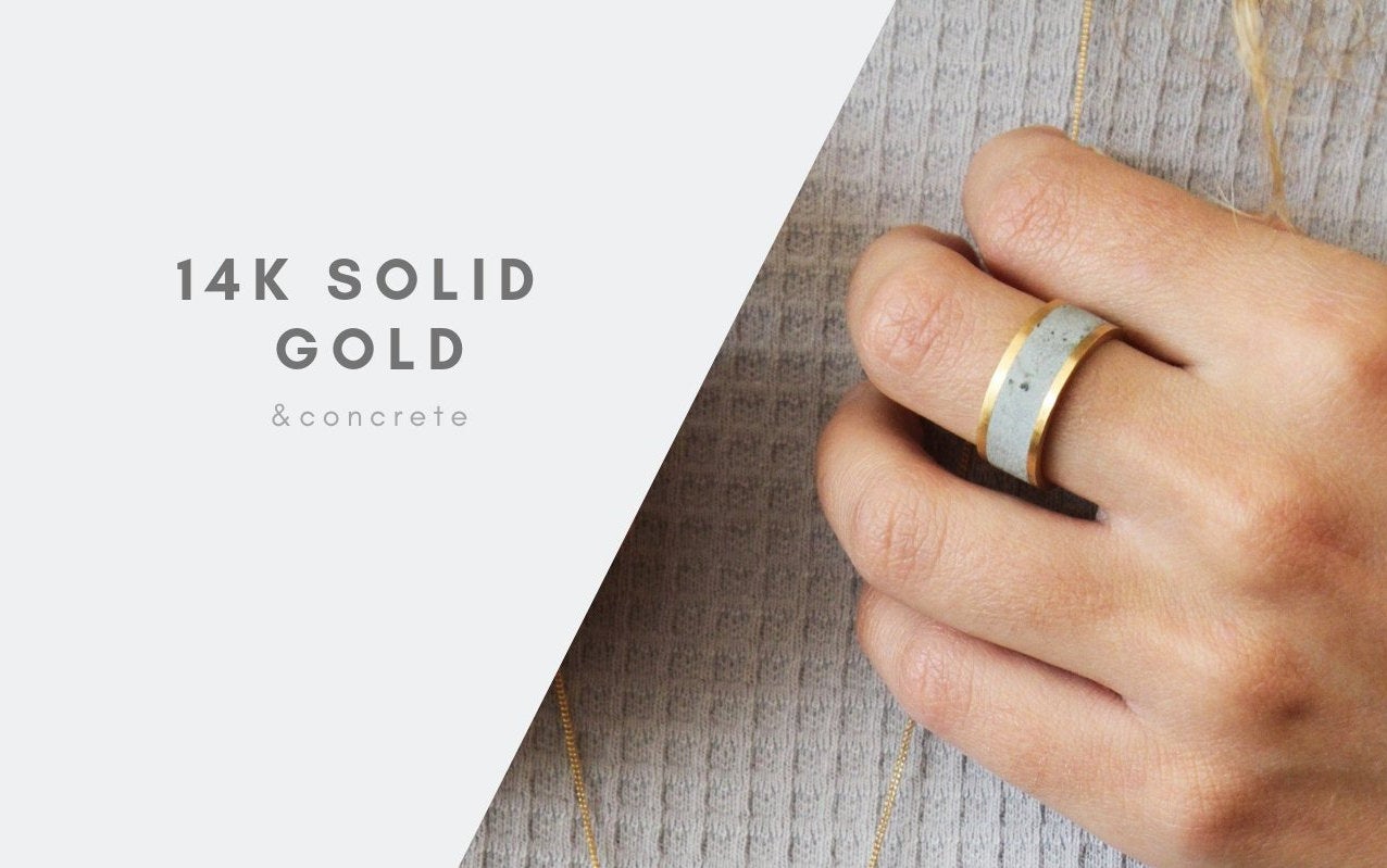 Contemporary 14K Solid Gold Wide Modern Unisex Concrete Wedding Ring - hs