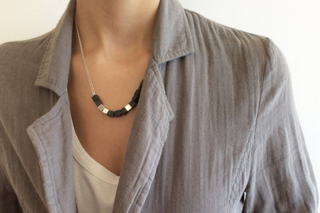 Concrete Silver And Onyx Cube Necklace, contemporary necklace By hadas shaham - hs