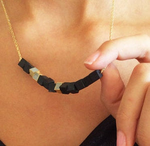 Concrete Yellow Gold Plated Cubes And Onyx Cube Necklace By hadas shaham - hs