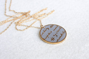 Round concrete & Gold Handwriting Text Pendant With A long goldfield Chain - hs