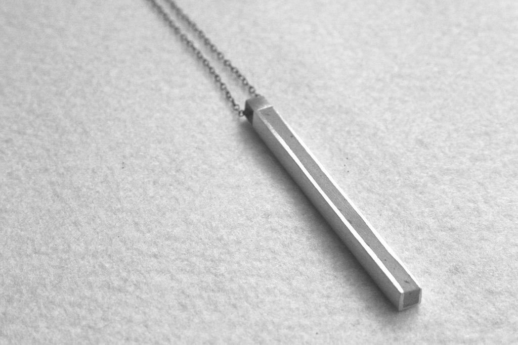 Vertical Silver Bar Long Necklace Pendant With Concrete Line By Hadas Shaham - hs