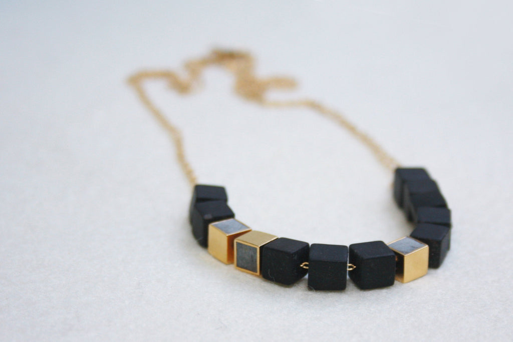 Concrete Yellow Gold Plated Cubes And Onyx Cube Necklace By hadas shaham - hs