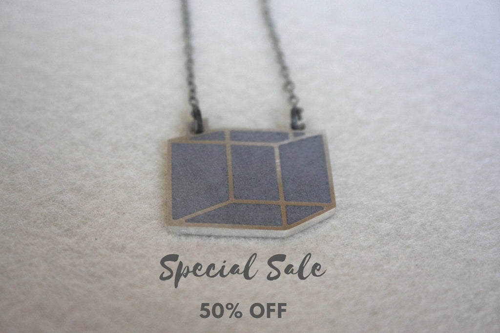 SALE 50% OFF -  Industrial Silver 3D Cube Necklace - hs