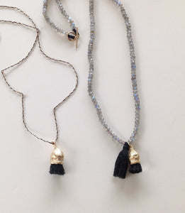 Labradorite Organic Gold & Black Cotton Tassel necklace - hs