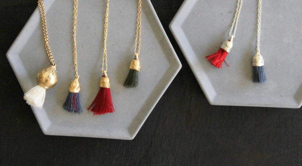 Nature Necklace / Red Tassel Necklace / Gold And Cotton Pendant / Organic Necklace / Gold Charm Pendant - hs