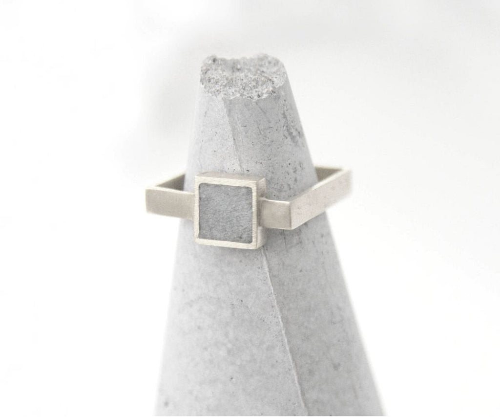 14K White Solid Gold Concrete Square Ring / Gold And Concrete Statement Ring - hs