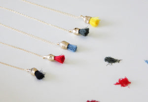 Christmas Red Tassel Necklace / Gold And Cotton Pendant / Organic Necklace / Gold Charm Pendant - hs