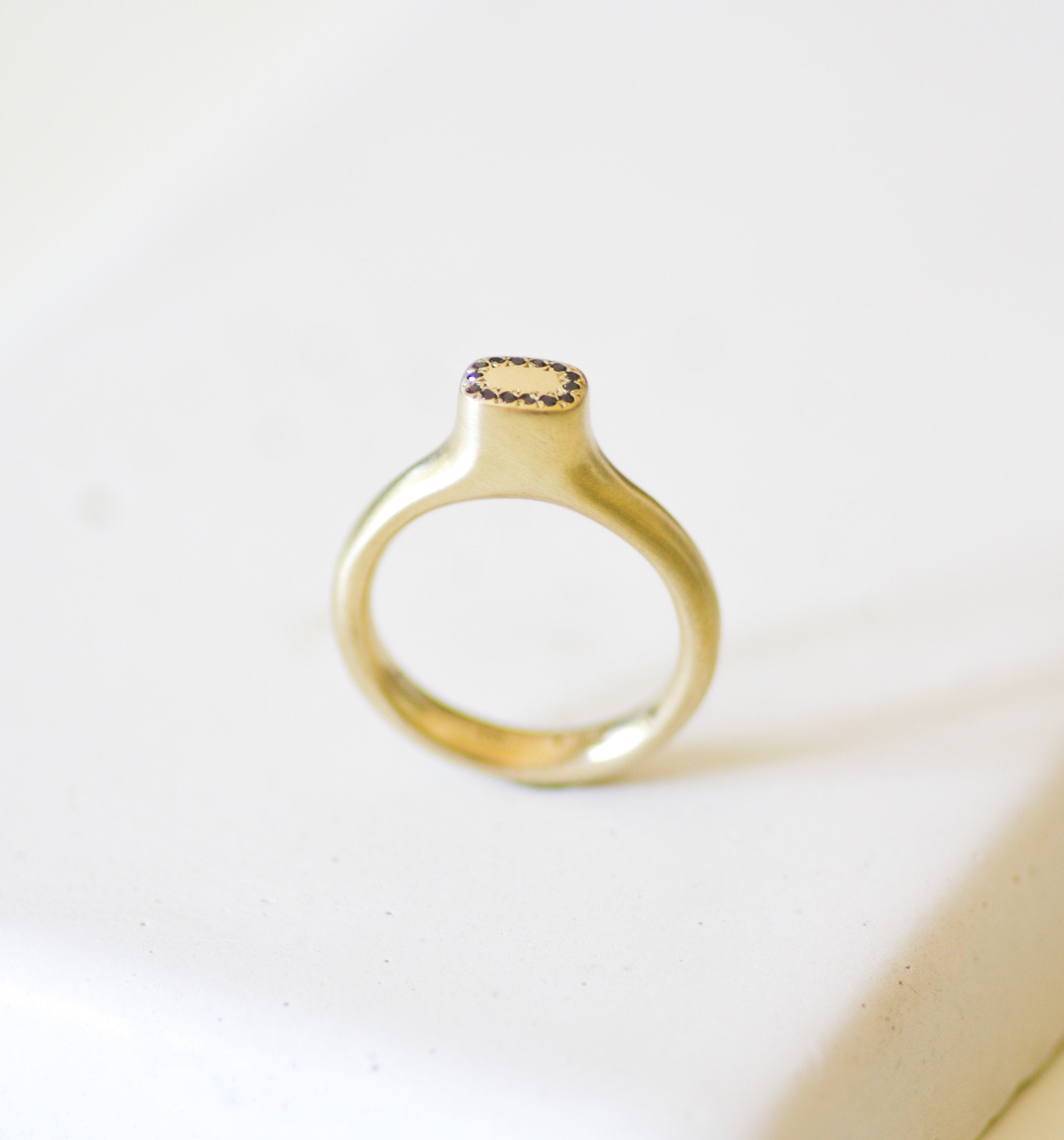 Dainty Signet 14K Gold Ring with Black Diamonds / Solid Gold Top Ring - hs