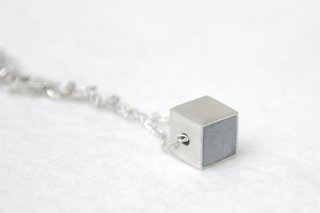 Silver & Concrete Tiny Geometric Cube Necklace - hs