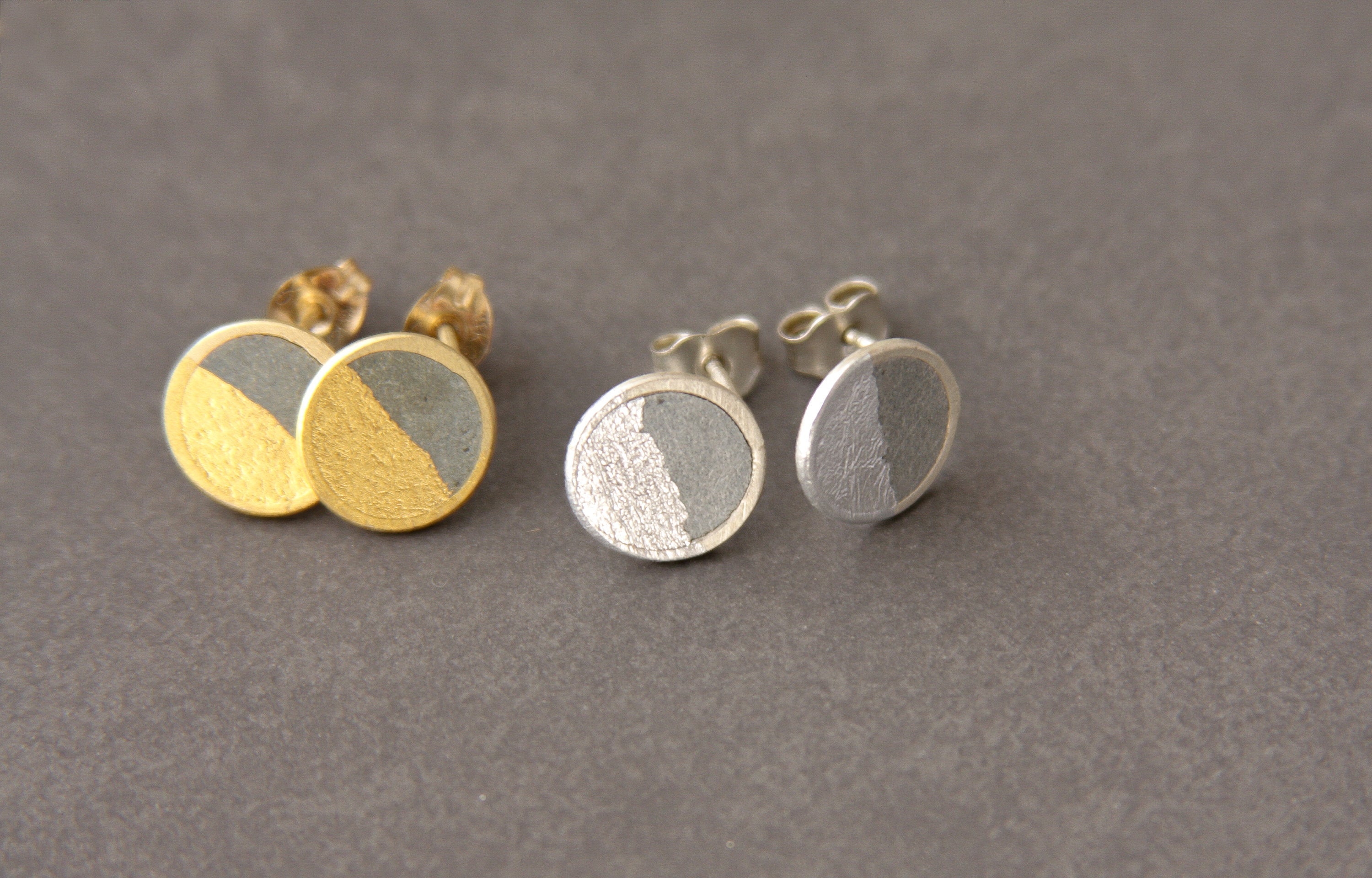 Gold Dipped Concrete Post Earrings, Round Flat Earrings Studs - hs