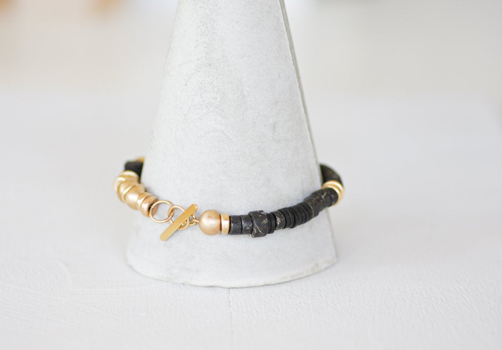 Pyrite Bracelet with Black Rubber and Gold Beads / Beaded Bracelet / Black Bracelet / Gemstone and Gold / Toggle Bracelet - hs