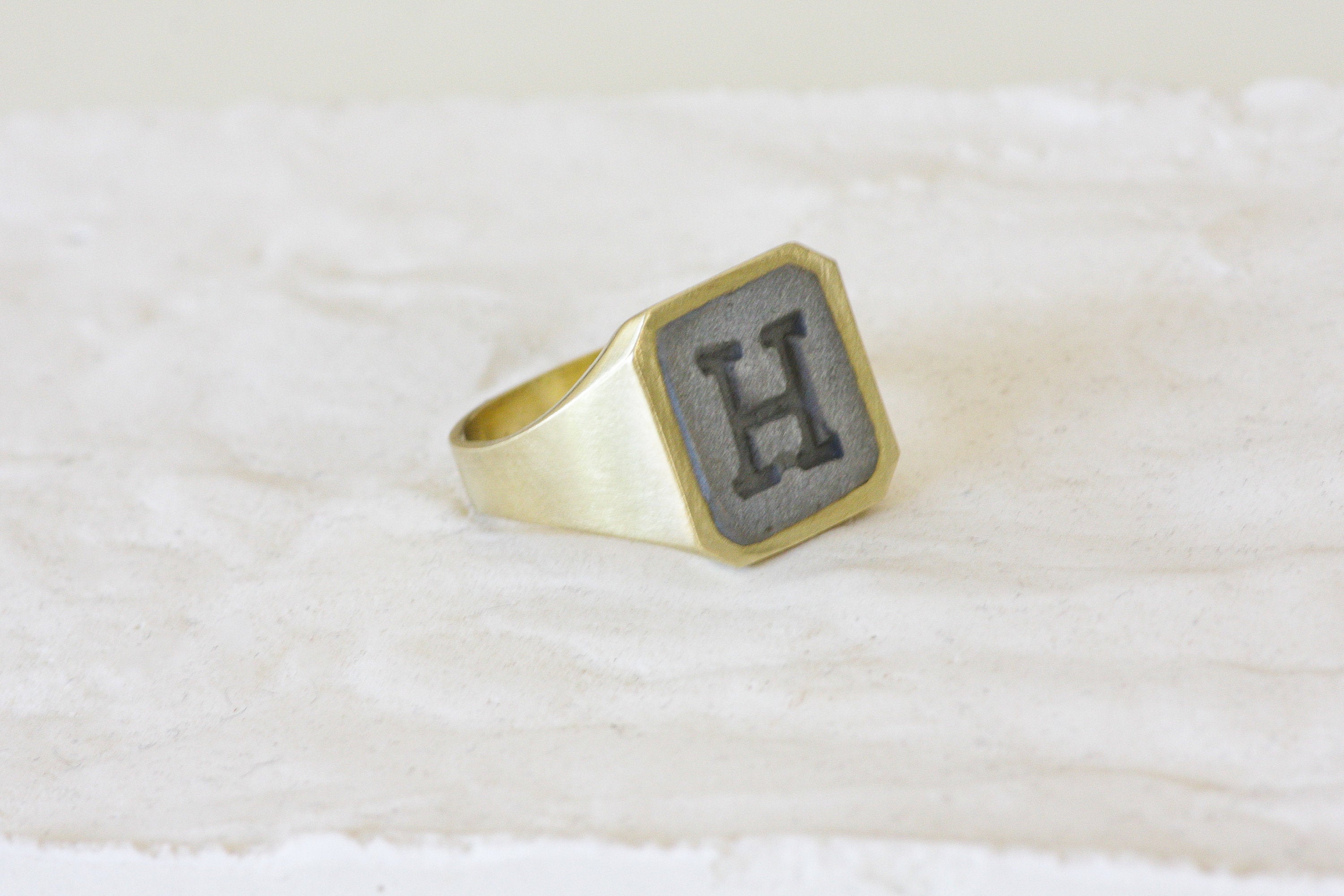Gold and Concrete Signet Ring, Letter ring, Initial Square Ring, Cement Jewelry, Man Concrete Ring, Hadas Shaham - hs