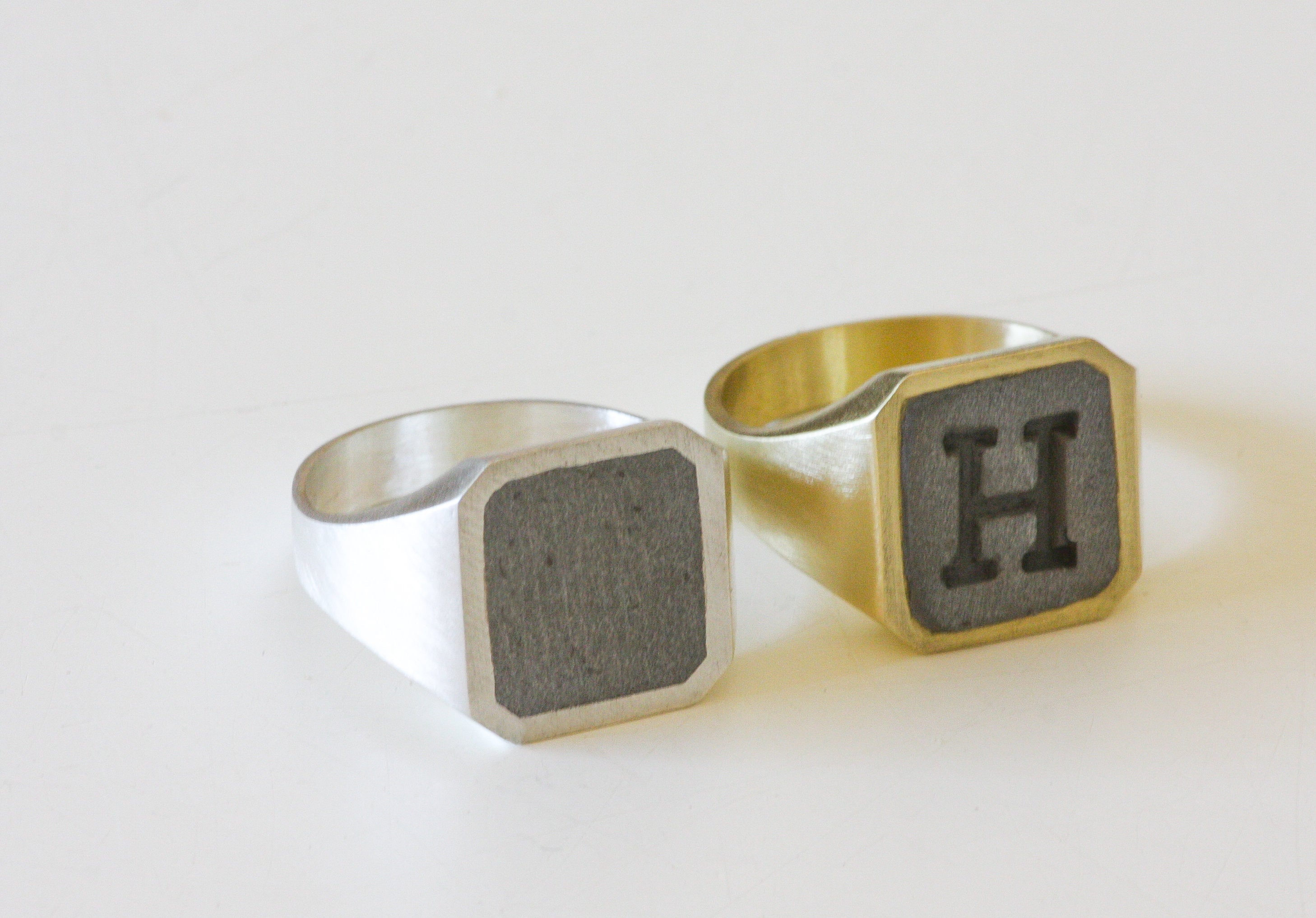 Gold and Concrete Signet Ring, Letter ring, Initial Square Ring, Cement Jewelry, Man Concrete Ring, Hadas Shaham - hs