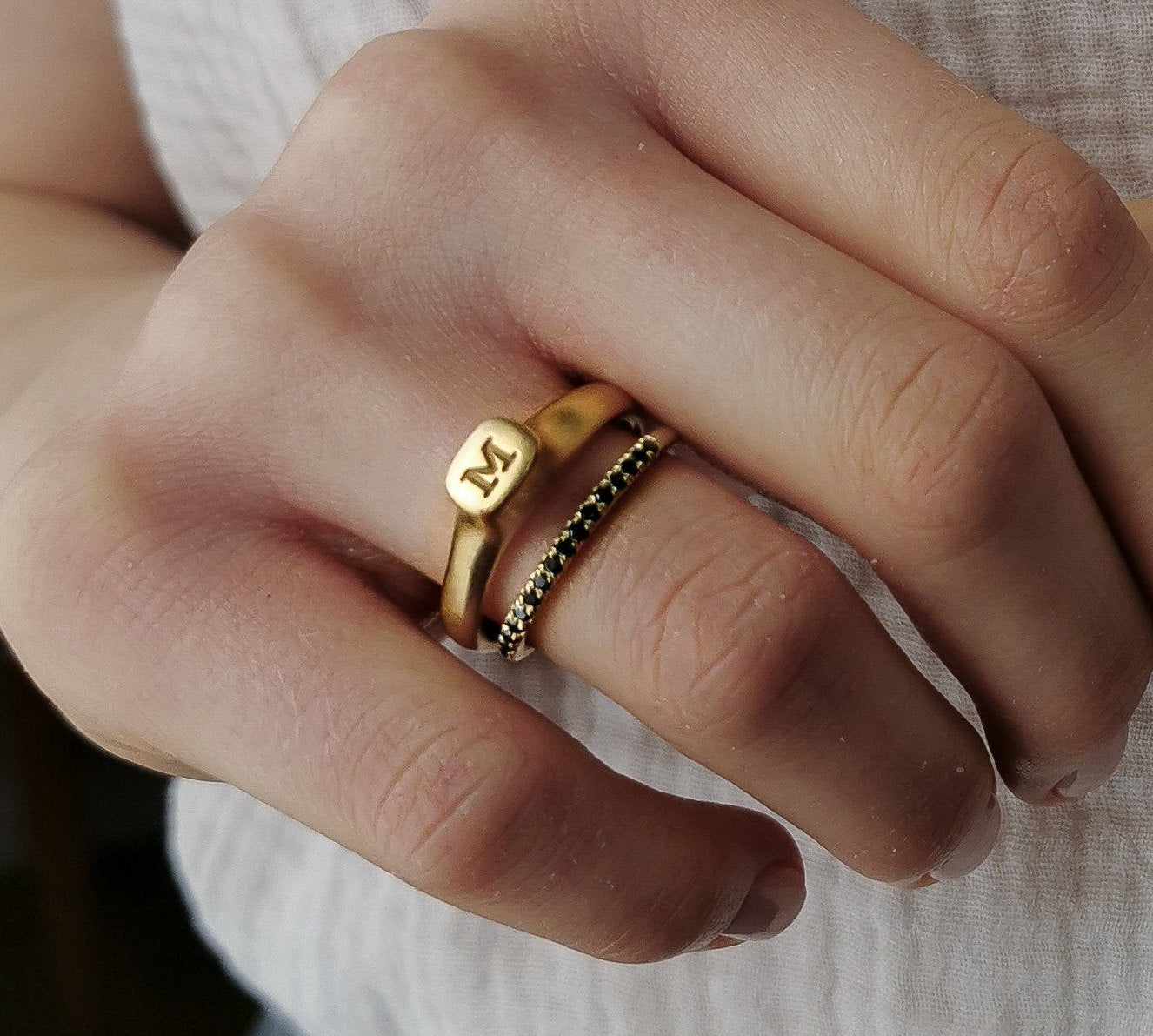 Half Eternity / 14K Yellow Gold Ring Set With Black Diamonds / Delicate  Diamond Band Ring - hs