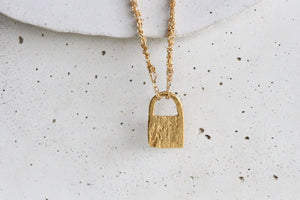 Gold Square Organic Artisan Pendant with Handmade Woven Chain By Hadas Shaham - hs