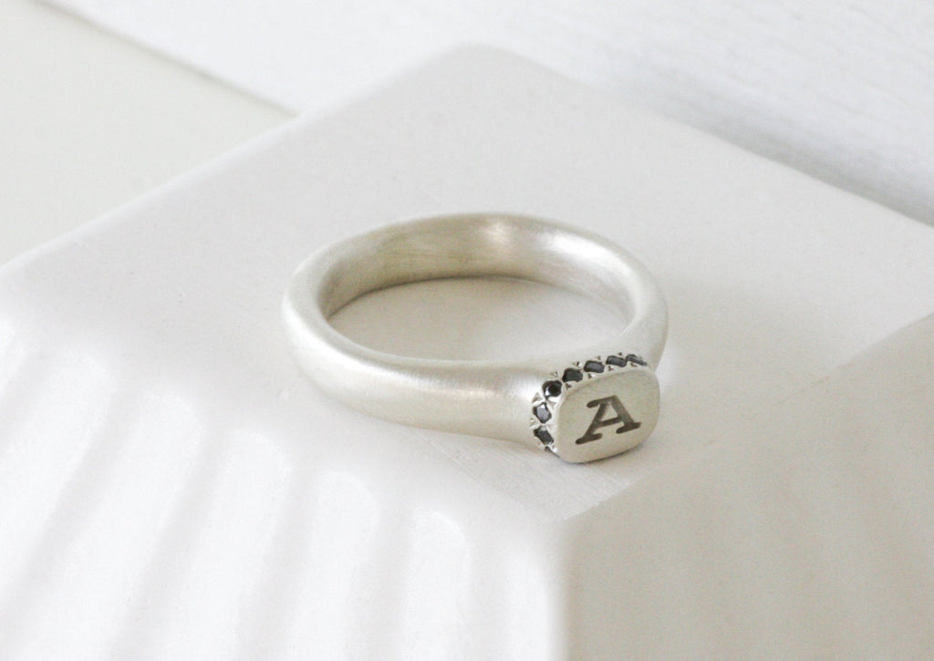Personalized Silver and Black Diamonds Initial Ring Jewelry // Custom made - hs