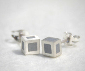 14K White Gold and Concrete 3D Cube Modern Studs Earrings - hs