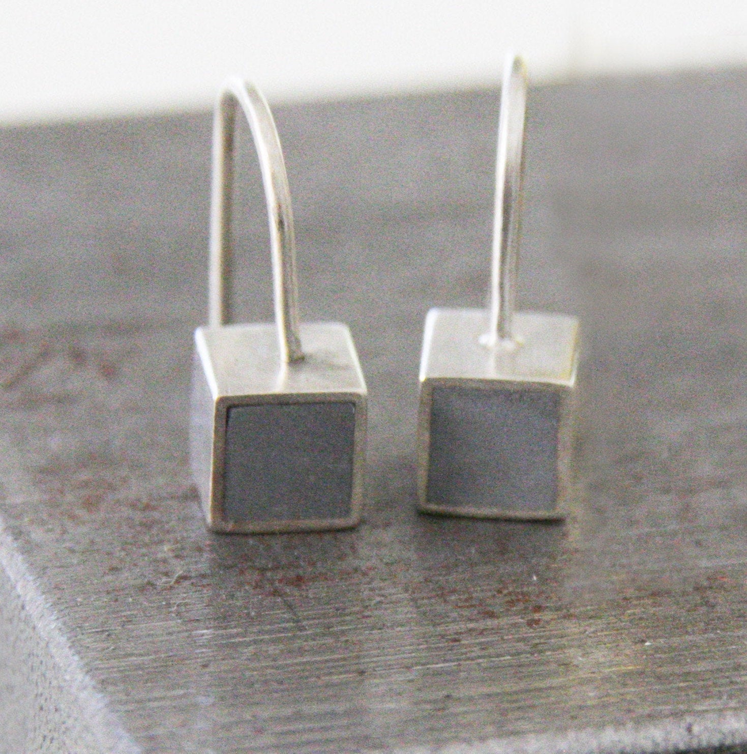 Minimalist silver & concrete cube dangle Earrings - hs