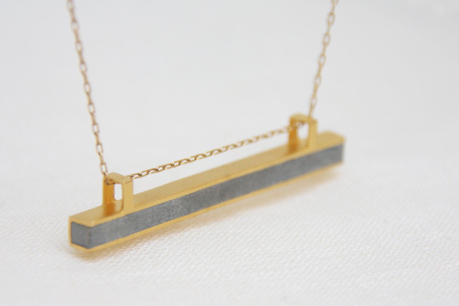 Concrete And 14K Yellow Solid Gold Bar Line Minimalist Pendant Necklace - hs