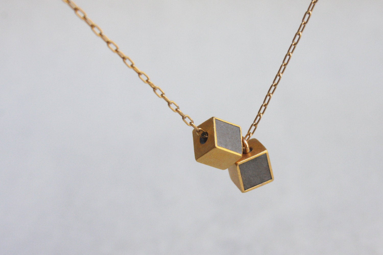 Concrete jewelry, Double cube Necklace, Tiny Gold Cube Necklace, Geometric Everyday necklace, Minimalist pendent, hadas shaham - hs