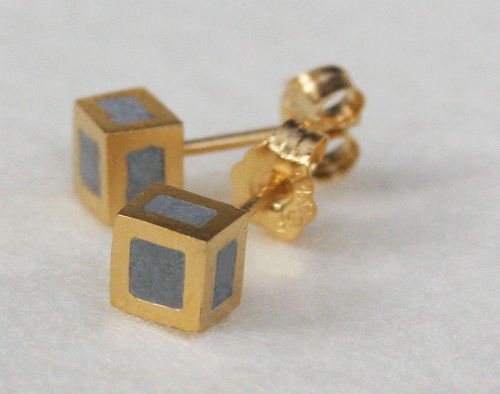 Gold And Concrete Minimalist Square Cube Studs Earrings - hs