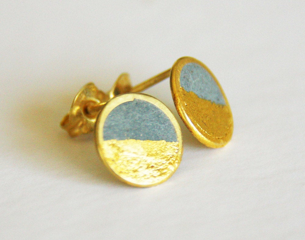 Gold Dipped Concrete Post Earrings, Round Flat Earrings Studs - hs