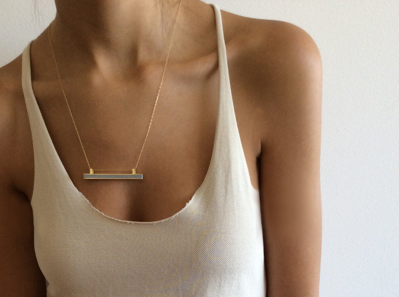 Concrete And 14K Yellow Solid Gold Bar Line Minimalist Pendant Necklace - hs