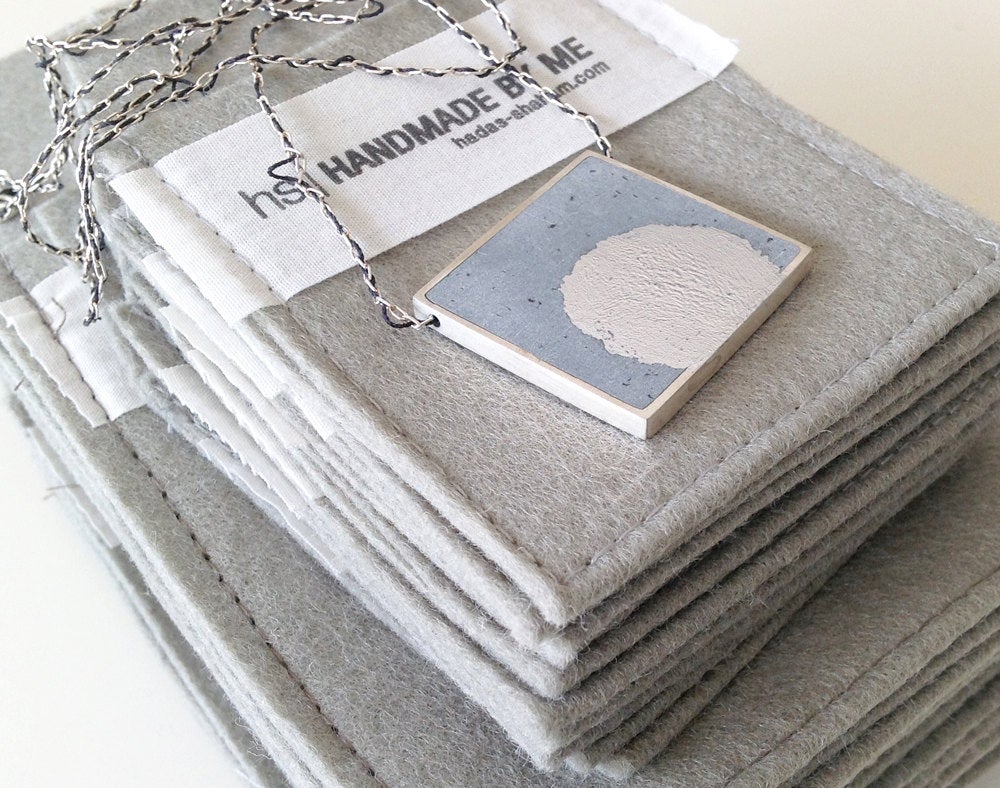 Square Statement necklace, Silver Leaf necklace, Minimalist Concrete Pendent, Contemporary silver & gray Necklace, geometric pendant - hs